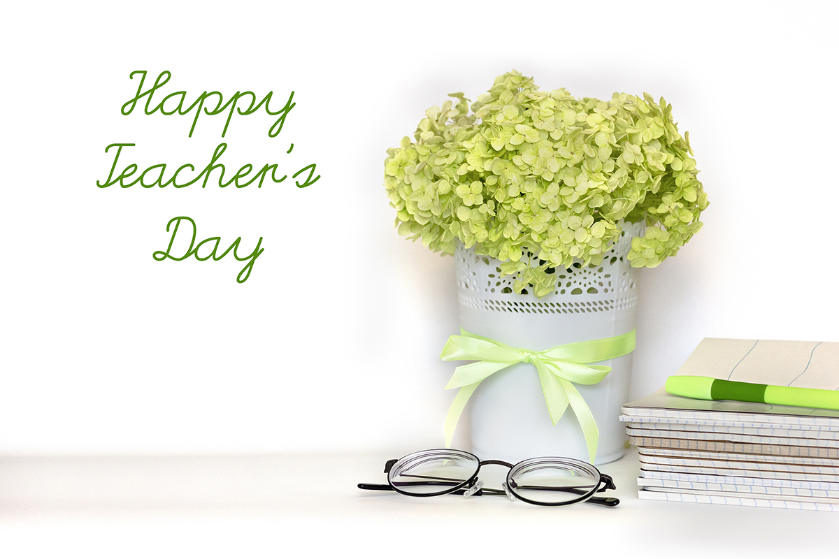 祝教师节贺卡快乐——一束淡绿色的绣球枝插在带缎带的花盆里，一堆笔记本、眼镜和钢笔放在白色的背景上。国际学校教师节.jpg